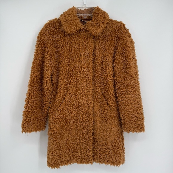 J Crew Size XXS Brown Textured Fuzzy Faux Fur Teddy Coat Collared Snap/zip front - Picture 9 of 9